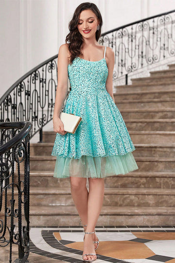 Sparkly Blue A Line Spaghetti stropper paljetter lagdelt kort cocktailkjole